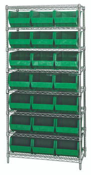 Bin Wire Shelving System, 36"W x 18"D x 74"H, 800 lbs load capacity per shelf, Chrome, Green, Carbon Steel, WR8-255GN