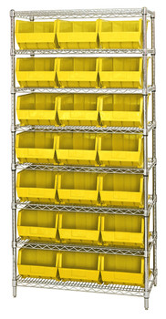 Bin Wire Shelving System, 36"W x 18"D x 74"H, 800 lbs load capacity per shelf, Chrome, Yellow, Carbon Steel, WR8-255YL