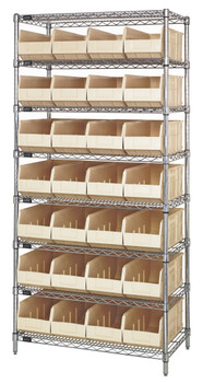 Bin Wire Shelving System, 36"W x 12"D x 74"H, 800 lbs load capacity per shelf, Chrome, Ivory, Carbon Steel, WR8-423IV