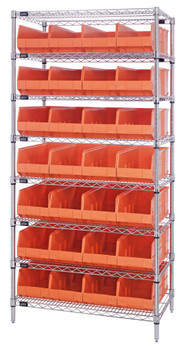 Bin Wire Shelving System, 36"W x 12"D x 74"H, 800 lbs load capacity per shelf, Chrome, Orange, Carbon Steel, WR8-423OR