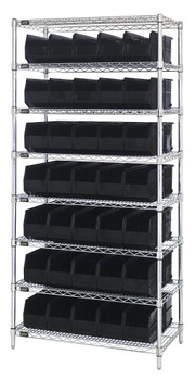 Bin Wire Shelving System, 36"W x 14"D x 74"H, 800 lbs load capacity per shelf, Chrome, Black, Carbon Steel, WR8-441BK