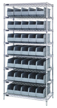 Bin Wire Shelving System, 36"W x 14"D x 74"H, 800 lbs load capacity per shelf, Chrome, Gray, Carbon Steel, WR8-441GY