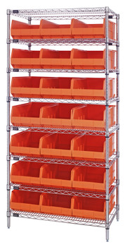 Bin Wire Shelving System, 36"W x 14"D x 74"H, 800 lbs load capacity per shelf, Chrome, Orange, Carbon Steel, WR8-445OR
