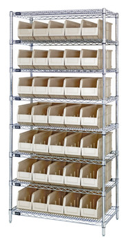 Bin Wire Shelving System, 36"W x 18"D x 74"H, 800 lbs load capacity per shelf, Chrome, Ivory, Carbon Steel, WR8-461IV