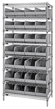 Bin Wire Shelving System, 36"W x 18"D x 74"H, 800 lbs load capacity per shelf, Chrome, Gray, Carbon Steel, WR8-463GY