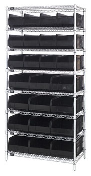 Bin Wire Shelving System, 36"W x 21"D x 74"H, 800 lbs load capacity per shelf, Chrome, Black, Carbon Steel, WR8-483485BK