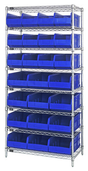 Bin Wire Shelving System, 36"W x 21"D x 74"H, 800 lbs load capacity per shelf, Chrome, Blue, Carbon Steel, WR8-483485BL