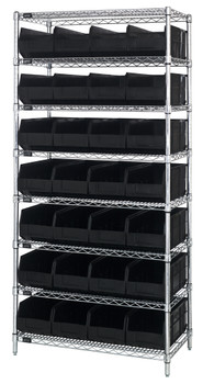 Bin Wire Shelving System, 36"W x 21"D x 74"H, 800 lbs load capacity per shelf, Chrome, Black, Carbon Steel, WR8-483BK