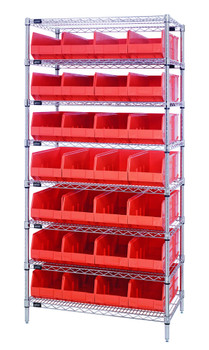 Bin Wire Shelving System, 36"W x 21"D x 74"H, 800 lbs load capacity per shelf, Chrome, Orange, Carbon Steel, WR8-483OR