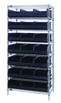 Bin Wire Shelving System, 36"W x 21"D x 74"H, 800 lbs load capacity per shelf, Chrome, Black, Carbon Steel, WR8-485BK