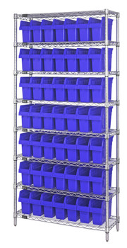 Bin Wire Shelving System, 36"W x 12"D x 74"H overall size, 800 lb. capacity per shelf, Chrome, Blue, Carbon Steel, WR8-801BL