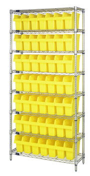 Bin Wire Shelving System, 36"W x 18"D x 74"H overall size, 800 lb. capacity per shelf, Chrome, Yellow, Carbon Steel, WR8-803YL