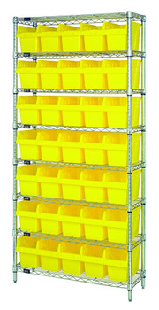 Bin Wire Shelving System, 36"W x 18"D x 74"H overall size, 800 lb. capacity per shelf, Chrome, Yellow, Carbon Steel, WR8-804YL