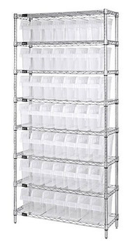 Bin Wire Shelving System, 36"W x 24"D x 74"H overall size, 800 lb. capacity per shelf, Chrome, Clear, Carbon Steel, WR8-805CL