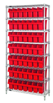 Bin Wire Shelving System, 36"W x 24"D x 74"H overall size, 800 lb. capacity per shelf, Chrome, Red, Carbon Steel, WR8-805RD