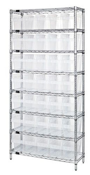 Bin Wire Shelving System, 36"W x 24"D x 74"H overall size, 800 lb. capacity per shelf, Chrome, Clear, Carbon Steel, WR8-806CL