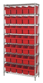 Bin Wire Shelving System, 36"W x 24"D x 74"H overall size, 800 lb. capacity per shelf, Chrome, Red, Carbon Steel, WR8-806RD