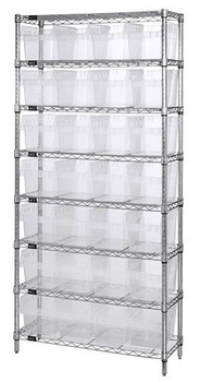 Bin Wire Shelving System, 36"W x 12"D x 74"H overall size, 800 lb. capacity per shelf, Chrome, Clear, Carbon Steel, WR8-807CL