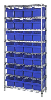 Bin Wire Shelving System, 36"W x 18"D x 74"H overall size, 800 lb. capacity per shelf, Chrome, Blue, Carbon Steel, WR8-808BL