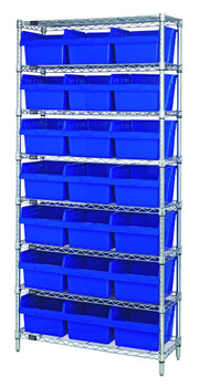 Bin Wire Shelving System, 36"W x 12"D x 74"H overall size, 800 lb. capacity per shelf, Chrome, Blue, Carbon Steel, WR8-809BL