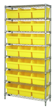 Bin Wire Shelving System, 36"W x 12"D x 74"H overall size, 800 lb. capacity per shelf, Chrome, Yellow, Carbon Steel, WR8-809YL