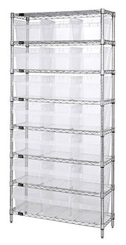 Bin Wire Shelving System, 36"W x 24"D x 74"H overall size, 800 lb. capacity per shelf, Chrome, Clear, Carbon Steel, WR8-816CL