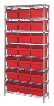 Bin Wire Shelving System, 36"W x 24"D x 74"H overall size, 800 lb. capacity per shelf, Chrome, Red, Carbon Steel, WR8-816RD