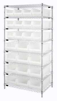 Bin Wire Shelving System, 36"W x 24"D x 74"H overall size, 800 lb. capacity per shelf, Chrome, Clear, Carbon Steel, WR8-950952CL
