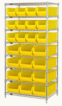 Bin Wire Shelving System, 36"W x 24"D x 74"H overall size, 800 lb. capacity per shelf, Chrome, Yellow, Carbon Steel, WR8-950952YL