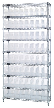 Bin Wire Shelving System, 36"W x 12"D x 74"H overall size, 800 lb. capacity per shelf, Chrome, Clear, Carbon Steel, WR9-201CL