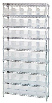 Bin Wire Shelving System, 36"W x 12"D x 74"H overall size, 800 lb. capacity per shelf, Chrome, Clear, Carbon Steel, WR9-202CL
