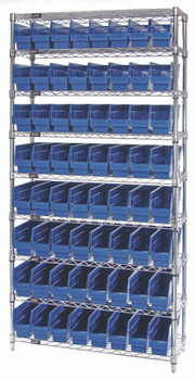 Bin Wire Shelving System, 36"W x 18"D x 74"H overall size, 800 lb. capacity per shelf, Chrome, Blue, Carbon Steel, WR9-203BL