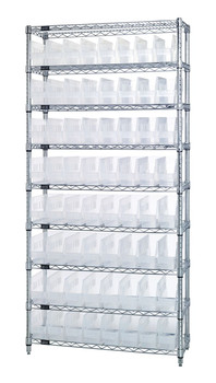 Bin Wire Shelving System, 36"W x 18"D x 74"H overall size, 800 lb. capacity per shelf, Chrome, Clear, Carbon Steel, WR9-203CL