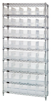 Bin Wire Shelving System, 36"W x 24"D x 74"H overall size, 800 lb. capacity per shelf, Chrome, Clear, Carbon Steel, WR9-206CL