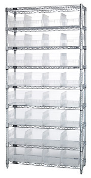 Bin Wire Shelving System, 36"W x 12"D x 74"H overall size, 800 lb. capacity per shelf, Chrome, Clear, Carbon Steel, WR9-207CL