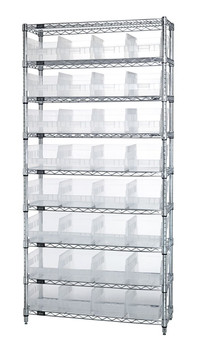 Bin Wire Shelving System, 36"W x 18"D x 74"H overall size, 800 lb. capacity per shelf, Chrome, Clear, Carbon Steel, WR9-208CL