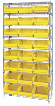 Bin Wire Shelving System, 36"W x 18"D x 74"H overall size, 800 lb. capacity per shelf, Chrome, Yellow, Carbon Steel, WR9-210YL
