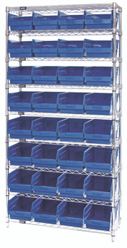 Bin Wire Shelving System, 36"W x 24"D x 74"H overall size, 800 lb. capacity per shelf, Chrome, Blue, Carbon Steel, WR9-214BL