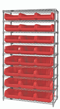 Bin Wire Shelving System, 42"W x 18"D x 74"H overall size, 800 lb. capacity per shelf, Chrome, Red, Carbon Steel, WR9-531RD
