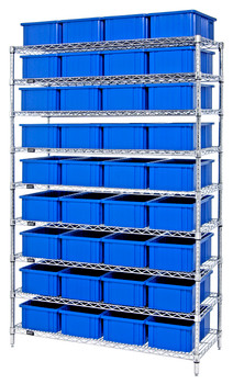 Bin Wire Shelving System, 48"W x 18"D x 74"H overall size, 800 lb. capacity per shelf, Chrome, Blue, Carbon Steel, WR9-92060BL