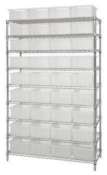 Bin Wire Shelving System, 48"W x 18"D x 74"H overall size, 800 lb. capacity per shelf, Chrome, Clear, Carbon Steel, WR9-92060CL