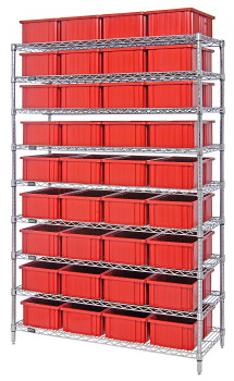 Bin Wire Shelving System, 60"W x 24"D x 74"H overall size, 600 lb. capacity per shelf, Chrome, Red, Carbon Steel, WR9-93060RD
