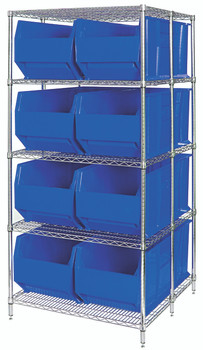 RackBin 42" Container Wire Shelving System, 42"D x 36"W x 86"H, includes: 5-tier of shelving and (8) QRB166 blue containers, Chrome, Blue, Carbon Steel, WRA86-2136C-166BL