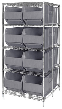 RackBin 42" Container Wire Shelving System, 42"D x 36"W x 86"H, includes: 5-tier of shelving and (8) QRB166 gray containers, Chrome, Gray, Carbon Steel, WRA86-2136C-166GY