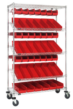 Slanted Shelf Cart, 36"W x 18"D x 80"H, 1200 lbs. load capacity, Chrome, Red, Carbon Steel, WRCSL5-74-1836-104230RD