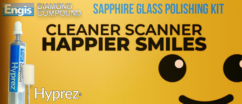 Engis Hyprez diamond compound sapphire glass polishing kit banner showing cleaner scanner and happier smiles slogan.