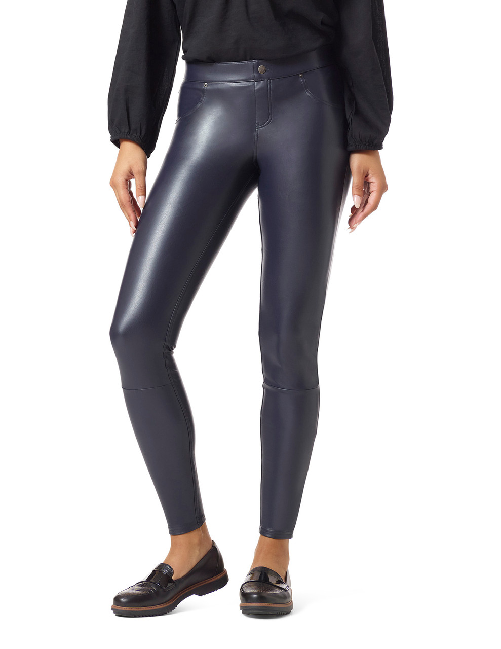 HUE, Pants & Jumpsuits, Hue Studio Womens Midrise Zip Front Faux Leather  Leggings Black L