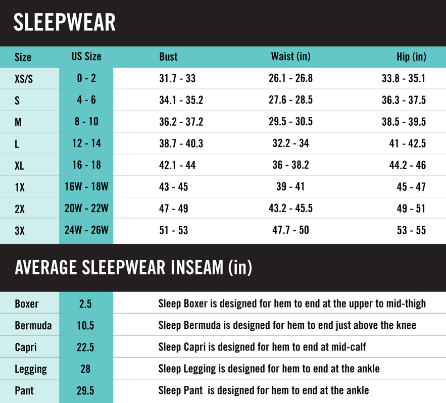 Activewear Sizing Chart | Quality Gym Wear | ECHT