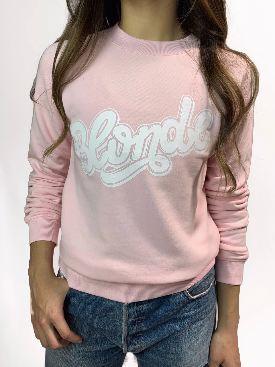 blonde sweatshirt pink