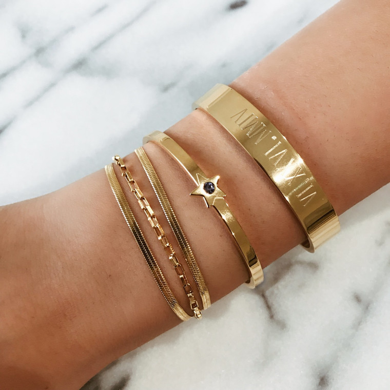 Star Cuff stacked with the Small  XL Golden Strand, Date Cuff